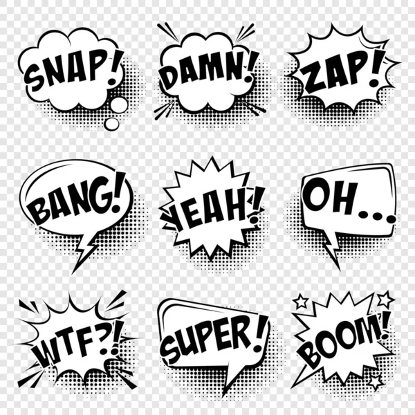 Komische Sprechblasen mit Halbtonschatten und Textphrasen. Vector handgezeichnete Retro-Cartoon-Sticker. Pop-Art-Stil. — Stockvektor