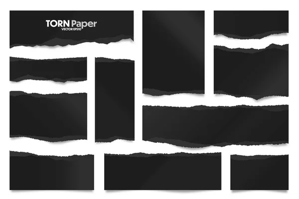 Tiras de papel preto rasgadas. Retalhos de papel amassados realistas com bordas rasgadas. Um pedaço de páginas de cadernos. Ilustração vetorial — Vetor de Stock