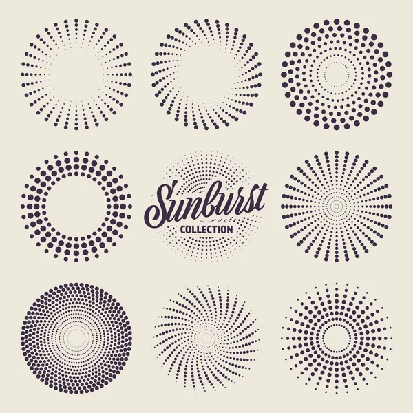 Vintage sunburst samling. Sprängande solstrålar och prickar. Fyrverkerier. Logotyp eller bokstäver designelement. Radiella solnedgångar. Vektorillustration. — Stock vektor