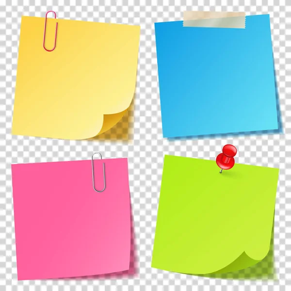 Realistic colorful blank sticky notes with clip binder. Colored sheets of note papers. Paper reminder. Vector illustration. — Stock Vector