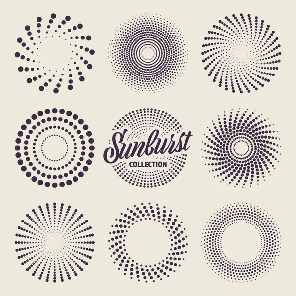 Vintage sunburst collection. Bursting sun rays and dots. Fireworks. Logotype or lettering design element. Radial sunset beams. Vector illustration. — Stock Vector