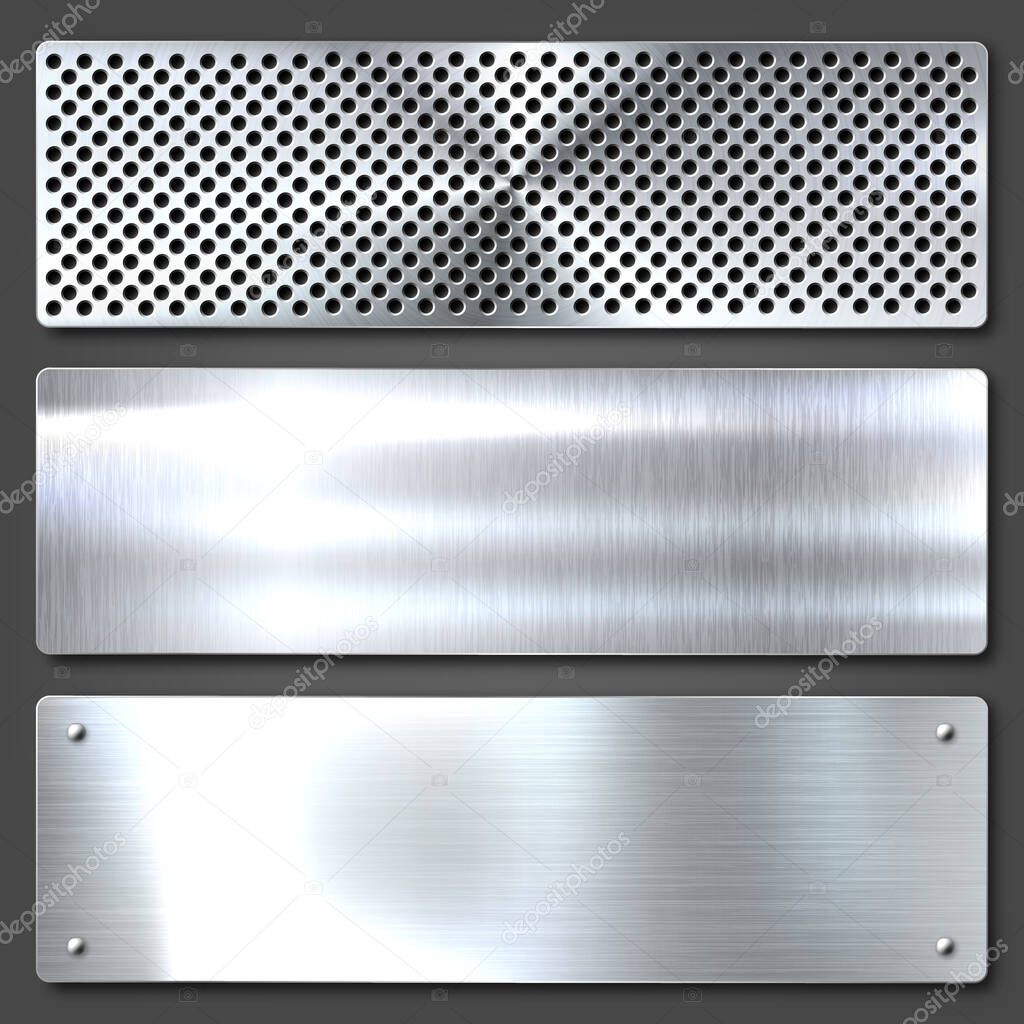 Realistic brushed metal textures set. Polished stainless steel background. Vector illustration.