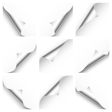 Gerçekçi gümüş kıvrımlı sayfa seti. Tebrik kartı tasarım elemanı. Boş bir kağıt parçası. Vektör illüstrasyonu.