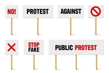 Tahta tutacağında slogan olan protesto tabelaları. Gerçekçi vektör gösterim pankartı. Eylem karton pano modellemesini sil.