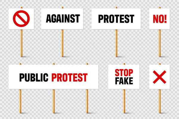 Panneaux de protestation avec slogan sur support en bois. Bannière de démonstration vectorielle réaliste. Modèle de plaque de carton à action de grève. — Image vectorielle