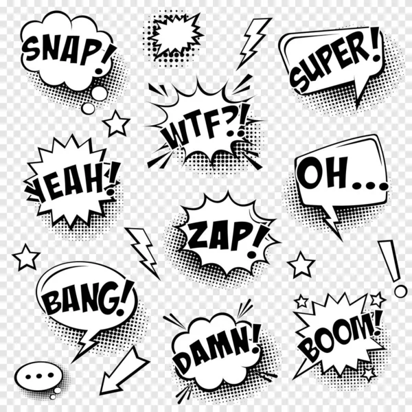 Comic speech bubbles with halftone shadow and text phrase. Vector hand drawn retro cartoon stickers. Pop art style. — Stock Vector