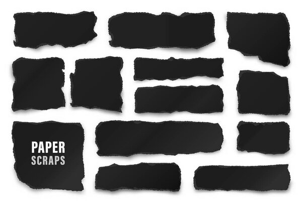Разорванные черные бумажные полоски. Реалистичные смятые бумажные объедки с разорванными краями. Осколки страниц блокнота. Векторная иллюстрация.