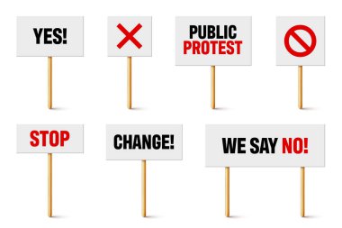 Tahta tutacağında slogan olan protesto tabelaları. Gerçekçi vektör gösterim pankartı. Eylem karton pano modellemesini sil.