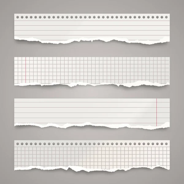 Bandes de papier déchiré. Des restes de papier froissés réalistes avec des bords déchirés. Morceaux doublés de pages de cahier. Illustration vectorielle. — Image vectorielle