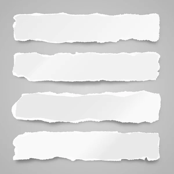 Κομμένες λωρίδες χαρτιού. Ρεαλιστικά τσαλακωμένα απορρίμματα χαρτιού με σκισμένες άκρες. Κομμάτια από σελίδες σημειωματάριου. Εικονογράφηση διανύσματος. — Διανυσματικό Αρχείο