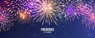 Havai fişekler. Gerçekçi renkli havai fişekler. Noel ya da yeni yıl tebrik kartı. Diwali Işık Festivali. Vektör illüstrasyonu.