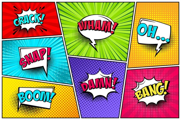 Cartoon comic backgrounds set. Speech bubble. Comics book colorful poster with halftone elements and text. Vector illustration. — Stock Vector