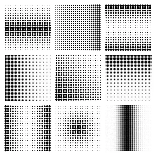Halfone Designelemente mit schwarzen Punkten auf weißem Hintergrund. Comic gepunktetes Muster. Vektorillustration. — Stockvektor