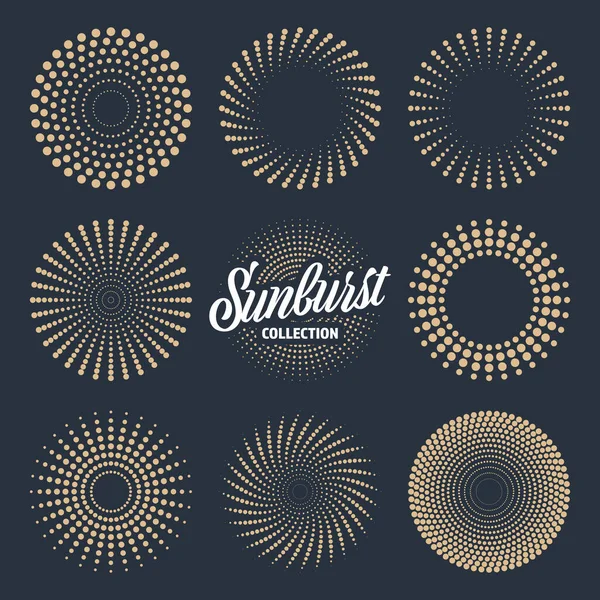 Vintage Sunburst Kollektion. Strahlende Sonnenstrahlen. Feuerwerk. Logotyp oder Schriftzug Gestaltungselement. Radiale Sonnenuntergangsstrahlen. Vektorillustration. — Stockvektor