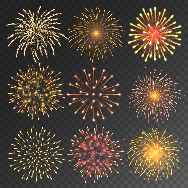 Colección de fuegos artificiales festivos. Fuegos artificiales coloridos realistas sobre fondo transparente. Navidad o Año Nuevo tarjeta de felicitación elemento. Ilustración vectorial. — Archivo Imágenes Vectoriales