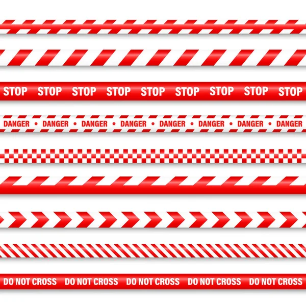 现实的红色街垒带。警戒线危险或危险条纹。正在建设的标志。矢量说明. — 图库矢量图片