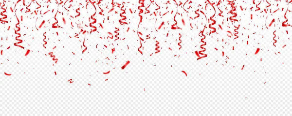 Kerstmis, Valentijnsdag rode confetti met lint op transparante achtergrond. Vallende glanzende glitter. Feestelijke vormgevingselementen. — Stockvector