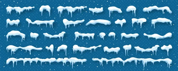 Schnee, Eiskappen isoliert auf blauem, transparentem Hintergrund. Schneefall mit Schneeflocken. Winterzeit. Gestaltungselement Weihnachtskarte. Vektorillustration. — Stockvektor