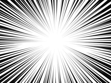 Çizgi roman radyal çizgileri. Hareketli çizgi roman arka planı, hız çizgileri. Vektör illüstrasyonu.