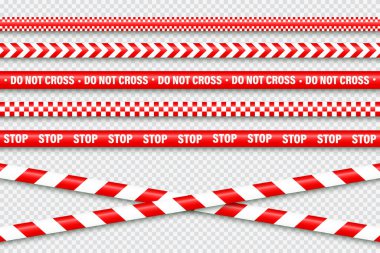 Gerçekçi kırmızı barikat bandı. Polis uyarı hattı. Tehlike ya da tehlike şeridi. İnşaat işaretiyle. Vektör illüstrasyonu.