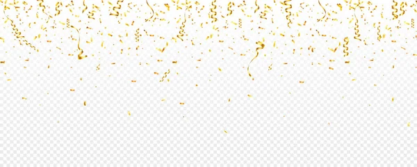 リボン付きクリスマスゴールデンコンフェッティ。金色に輝く輝きを放つ。新年、誕生日、バレンタインデーのデザイン要素。休日の背景. — ストックベクタ