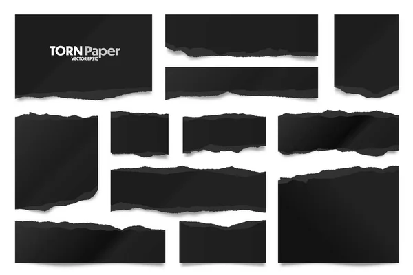 Tiras de papel preto rasgadas. Retalhos de papel amassados realistas com bordas rasgadas. Um pedaço de páginas de cadernos. Ilustração vetorial. — Vetor de Stock