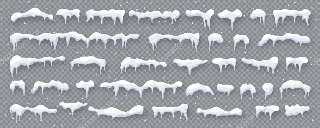 Snow, ice caps isolated on transparent background. Snowfall with snowflakes. Winter season. Christmas card design element. Vector illustration.