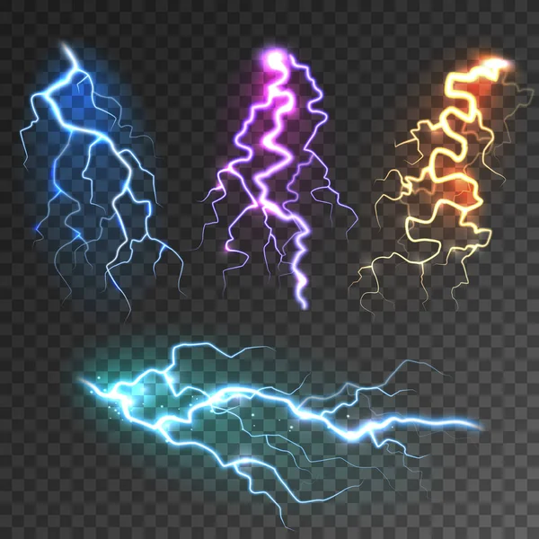 Colección de relámpagos realistas sobre fondo transparente. Tormenta y relámpago. Chispas de luz. Efecto meteorológico tormentoso. Ilustración vectorial. — Vector de stock