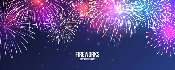 Fogos de artifício festivos. Fogo de artifício colorido realista. Cartão de Natal ou Ano Novo. Festival de luzes de Diwali. Ilustração vetorial. —  Vetores de Stock