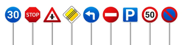 Silniční dálniční regulační značky nastaveny. Řízení dopravy a využití jízdního pruhu. Zastavte a vzdejte se. Vektorová ilustrace. — Stockový vektor