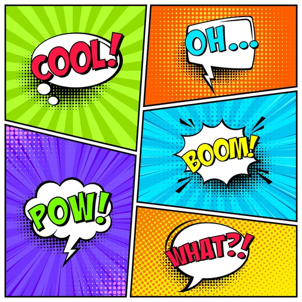 Cartoon comic backgrounds set. Speech bubble. Comics book colorful poster with halftone elements and text. Vector illustration. — Stock Vector