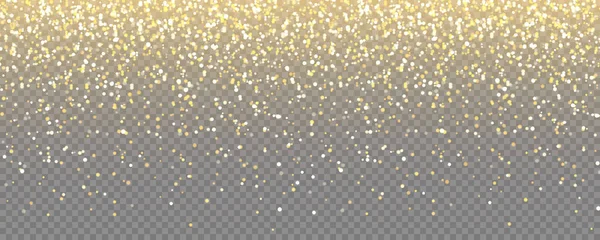 Sparkling Golden Glitter with Bokeh Lights on Transparent Vector Background. Falling Shiny Confetti with Gold Shards. Shining Light Effect for Christmas or New Year Greeting Card. — Stock Vector