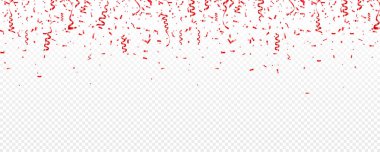 Noel, sevgililer günü kırmızı konfeti şeffaf arka planda kurdeleyle. Parlak bir parıltı düşüyor. Parti tasarım elementleri.