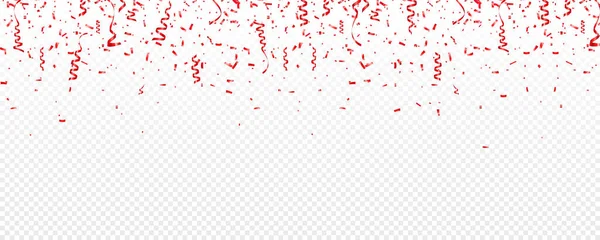 Kerstmis, Valentijnsdag rode confetti met lint op transparante achtergrond. Vallende glanzende glitter. Feestelijke vormgevingselementen. — Stockvector