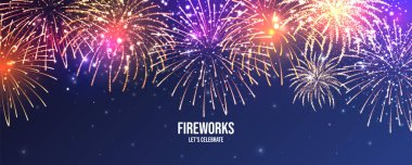 Havai fişekler. Gerçekçi renkli havai fişekler. Noel ya da yeni yıl tebrik kartı. Diwali Işık Festivali. Vektör illüstrasyonu.