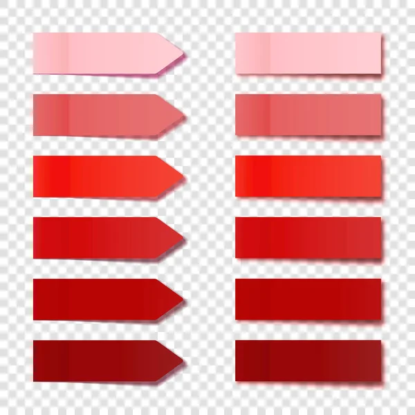 Coleção de notas adesivas vermelhas realistas. Guias de bandeira de seta. Adesivos para notas postais. Folhas de papel colorida pegajosa. Ilustração vetorial. — Vetor de Stock