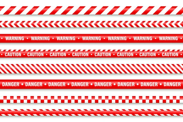 本物の赤のバリケードテープ。警察の警告線。危険や危険のストライプ。建設中だ。ベクターイラスト. — ストックベクタ