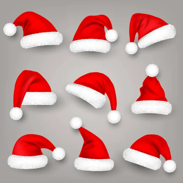 Sombreros de Navidad de Papá Noel con piel. Sombrero rojo de Año Nuevo. Gorra de invierno. Ilustración vectorial. — Vector de stock