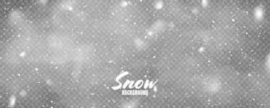 Kar taneleriyle yağan gerçekçi kar. Noel ya da yeni yıl kartı için kışın şeffaf arka plan. Buz fırtınası etkisi. Vektör illüstrasyonu.