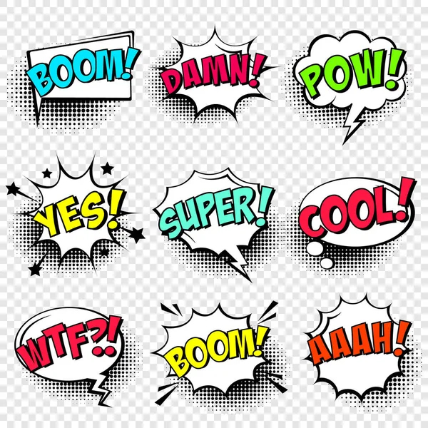 Komische Sprechblasen mit Halbtonschatten und Textphrasen. Vector handgezeichnete Retro-Cartoon-Sticker. Pop-Art-Stil. — Stockvektor