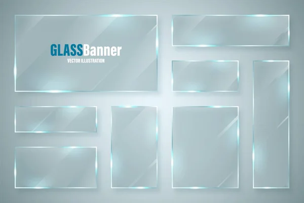 Glass frame. Realistic glossy transparent glass banner with glare. Vector design element. — Stock Vector