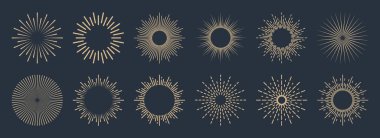 Klasik güneş kremi koleksiyonu. Patlayan altın güneş ışınları. Havai fişekler. Logotype ya da harf tasarım elemanı. Radyal günbatımı ışınları. Vektör illüstrasyonu.