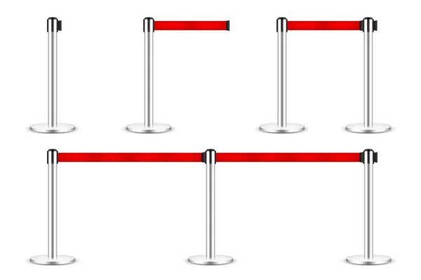 Estancamiento realista del cinturón retráctil del vector. Puestos de barrera de control de multitudes con correa de precaución. Líneas de cola. Restricción fronteriza y cinta de peligro. — Vector de stock