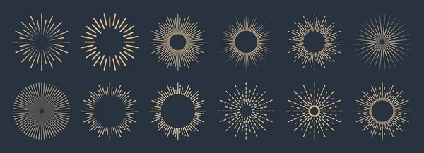 Vintage sunburst collection. Bursting golden sun rays. Fireworks. Logotype or lettering design element. Radial sunset beams. Vector illustration. — Stock Vector