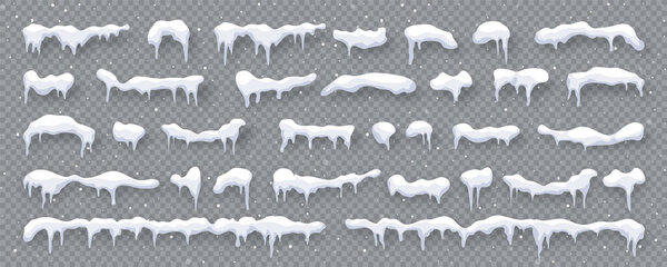 Снег, ледяные шапки изолированы на прозрачном фоне. Снегопад со снежинками. Зимний сезон. Элемент дизайна рождественских открыток. Векторная иллюстрация.