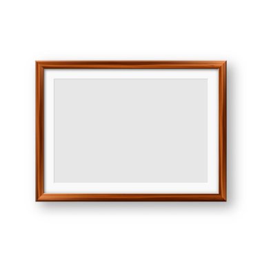 Gerçekçi boş ahşap resim çerçevesi. Sanat, fotoğraf ya da reklam için modern poster modeli. Sanat galerileri, iç dekorasyon ve markalaşma için mükemmel. Vektör illüstrasyonu.