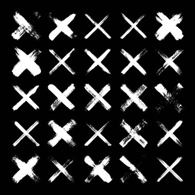 Grunge haçları, fırça darbeleri, x işareti, çizgiler, mürekkep lekeleri, elle çizilmiş karalama şekilleri. El yapımı kabataslak izler, akrilik lekeler, kömür çizgileri. Boya dokuları, kuru fırça etkisi. Vektör illüstrasyonu.