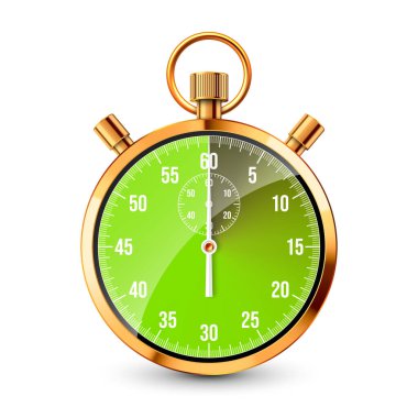 Gerçekçi klasik kronometre. Parlak altın metal kronometre, çevirmeli zaman sayacı. Geri sayım zamanı dakikaları ve saniyeleri gösteriyor. Spor için zaman ölçümü, başla, bitir. Vektör illüstrasyonu.