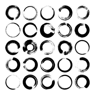 Grunge daireleri, fırça darbeleri, çizgiler, mürekkep lekeleri, elle çizilmiş karalama şekilleri. El yapımı kabataslak izler, akrilik lekeler, kömür çizgileri. Boya dokuları, kuru fırça etkisi. Vektör illüstrasyonu.
