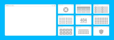 Web tarayıcı penceresi, araç çubuğu ve arama alanı olan sayfa düzeni. Modern web sitesi, düz stil internet sayfası. Bilgisayar, tablet ve akıllı telefon için tarayıcı modeli. Uyarlamalı UI. Vektör illüstrasyonu.